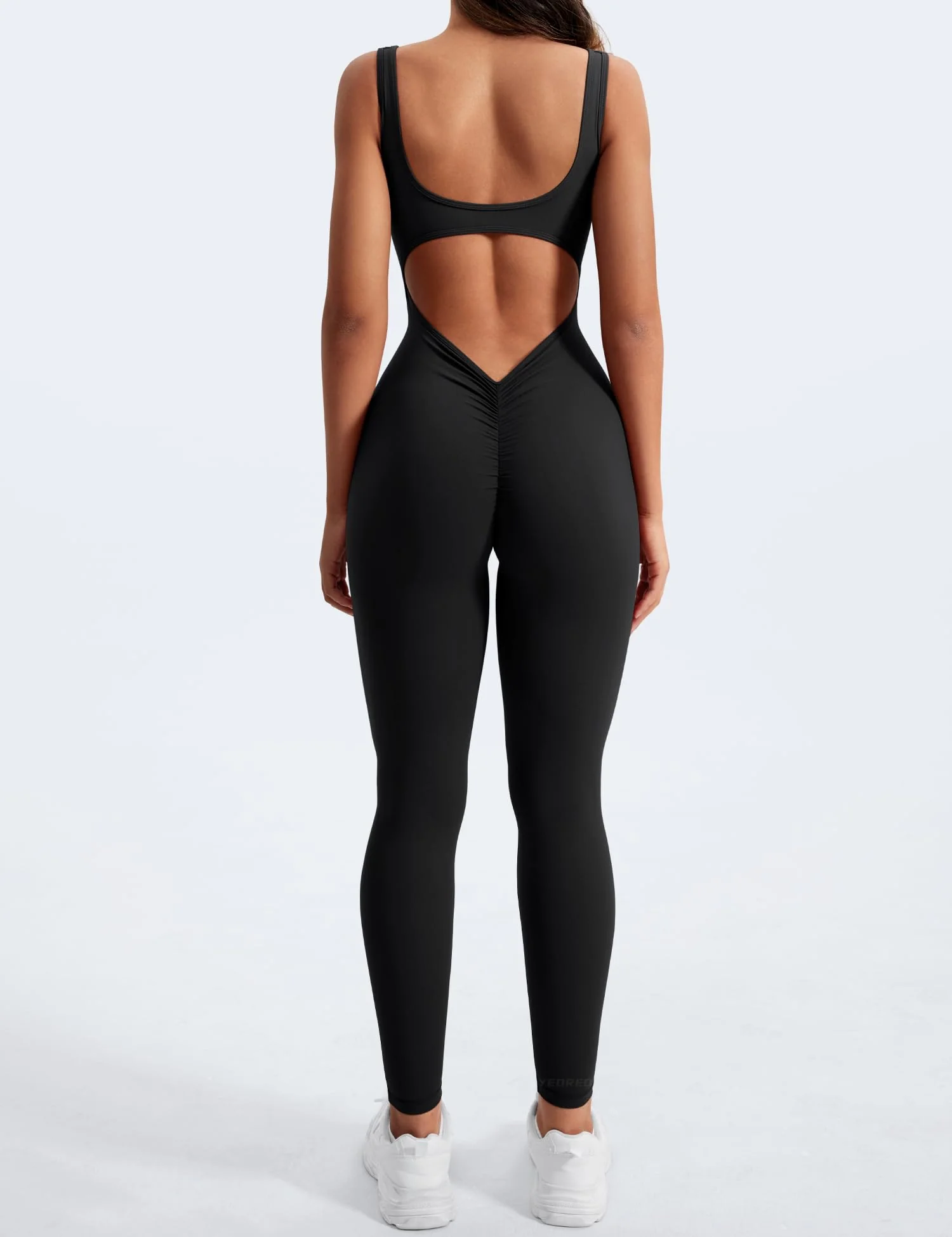 YEOREO Sleeveless Jumpsuits for Women Sexy Backless Gym Bodycon Lizvette V Back Scrunch Butt Rompers Black S - Image 4