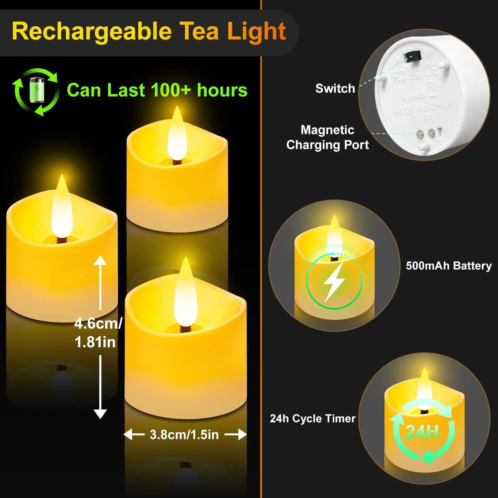 YiaMia 12 Pack Upgraded Rechargeable Tea Lights with Magnetic Wireless Charging Base, Flameless LED Candles with Remote and Timer, 100+H Battery Operated Candles for Votive Wedding Halloween Christmas - Image 8