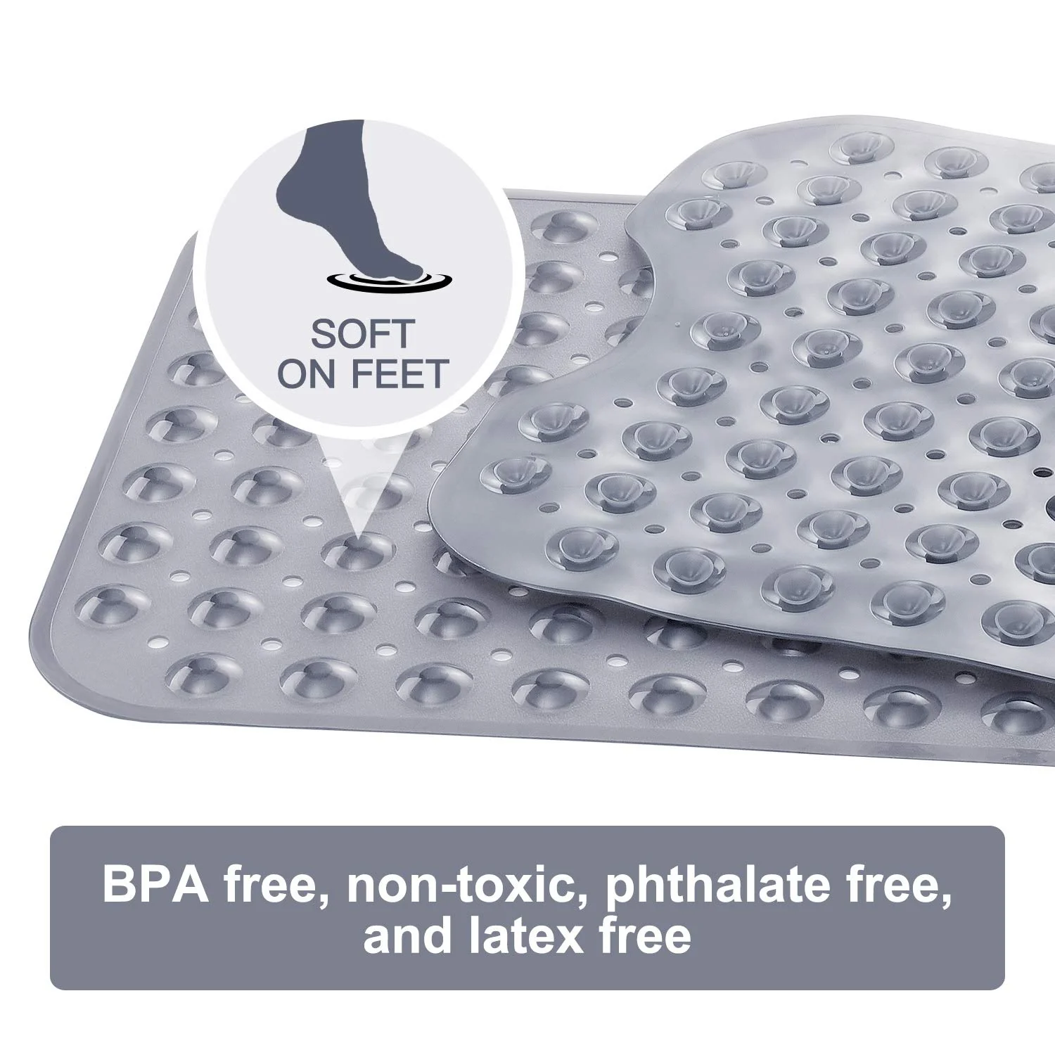 YINENN Bath and Shower Safety Mats 40x16 inch, Non Slip with Suction Cups for Bathroom Stall and Tub Floor, Extra Large and Machine Washable, Drain Holes Keep Bathtub Clean, Clear Gray - Image 3