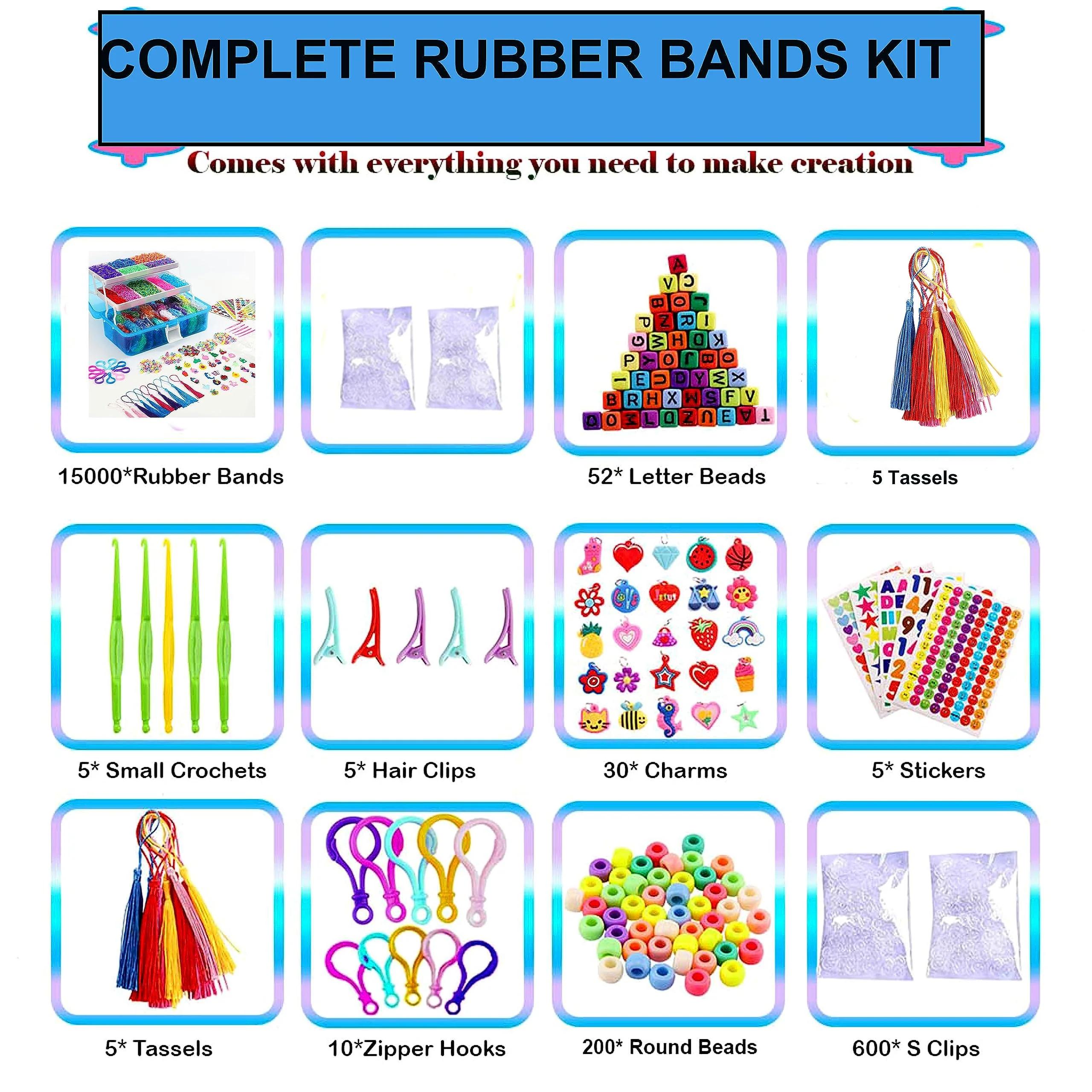 YITOHOP 15000+ Rubber Loom Bands, Mega Rubber Bands Bracelet Kit,Loom Bracelet Making Kit with 3 Layer Container,30 Colors,380 Beads,30 Charms,Clips, Hooks Tools for DIY Art Christmas Holiday Gift - Image 6