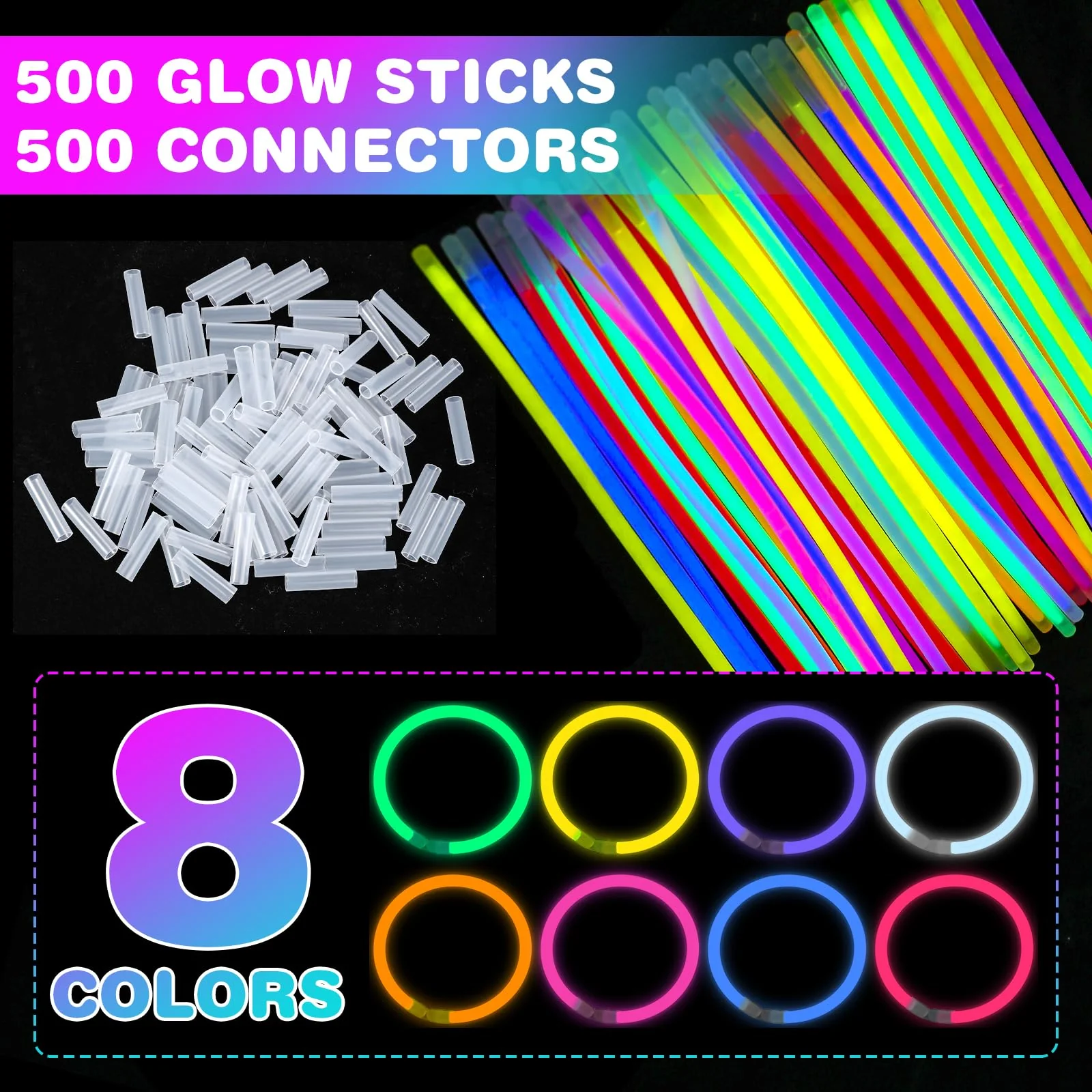 YixangDD 500 PCS Ultra Bright Glow Sticks, 8 Inch Glow Sticks Bulk Party Pack, Light Up Sticks for Glow Bracelets, Necklaces, Concerts, Christmas, Party Supplies with 500 Connectors - Image 7