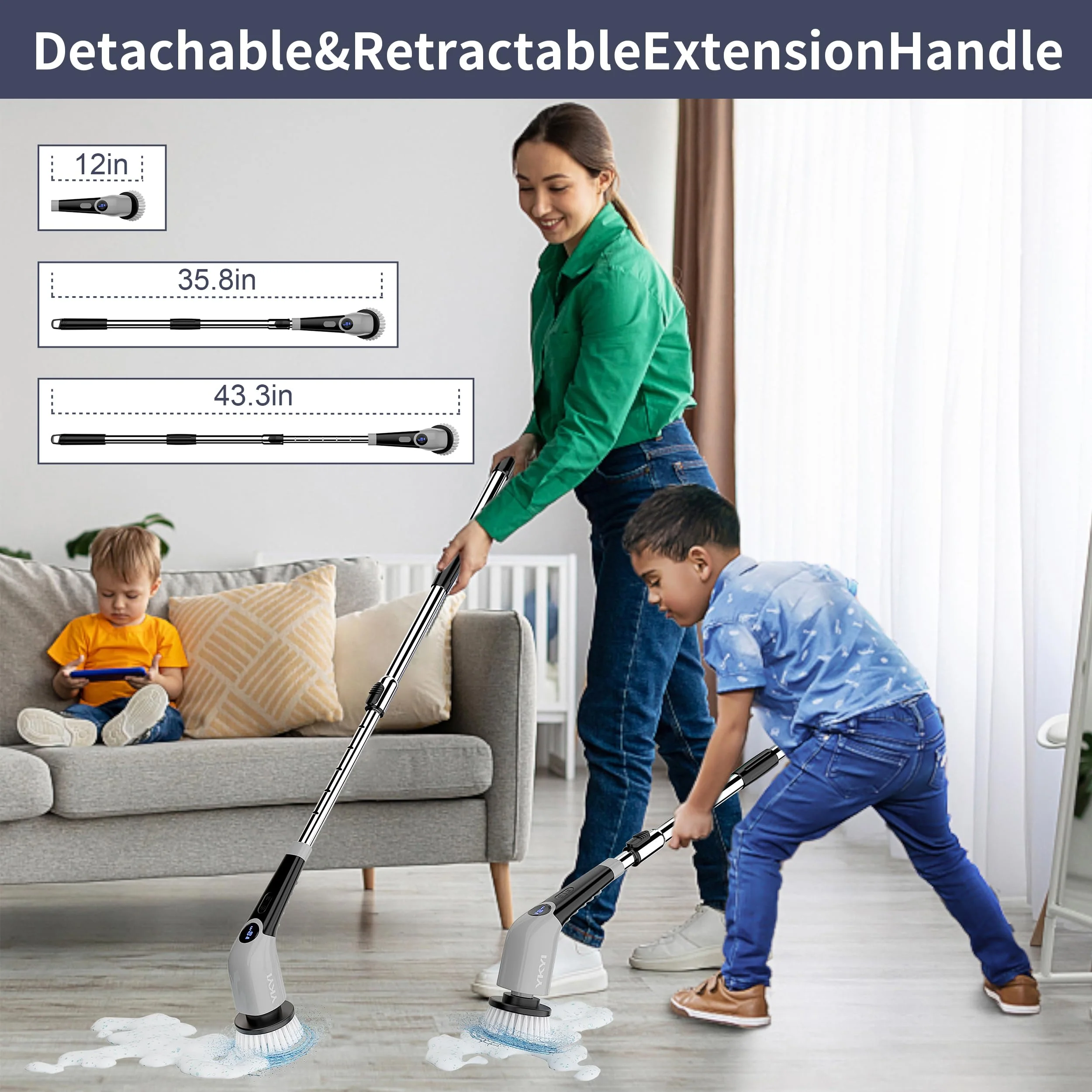 YKYI Electric Spin Scrubber,Cordless Electric Cleaning Brush,Power Scrubber with 8 Replaceable Brush Heads,3 Adjustable Speeds,Voice Broadcast,Shower Scrubber with Long Handle for Bathtub Tile Floor - Image 7