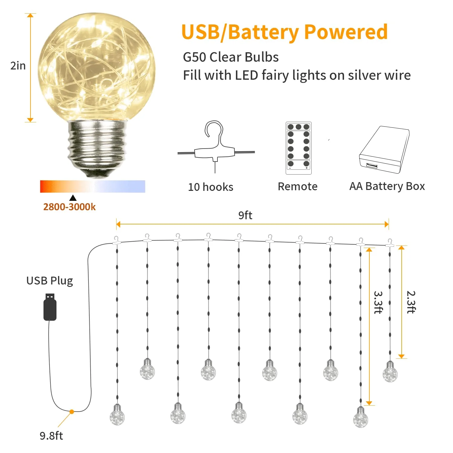 YOLIGHT Wishing Ball Curtain Lights 200 LED Window Curtain String Lights with Remote, USB Battery Powered Twinkle Globe Fairy Lights for Wedding Party Bedroom Christmas Decoration (Warm White) - Image 5