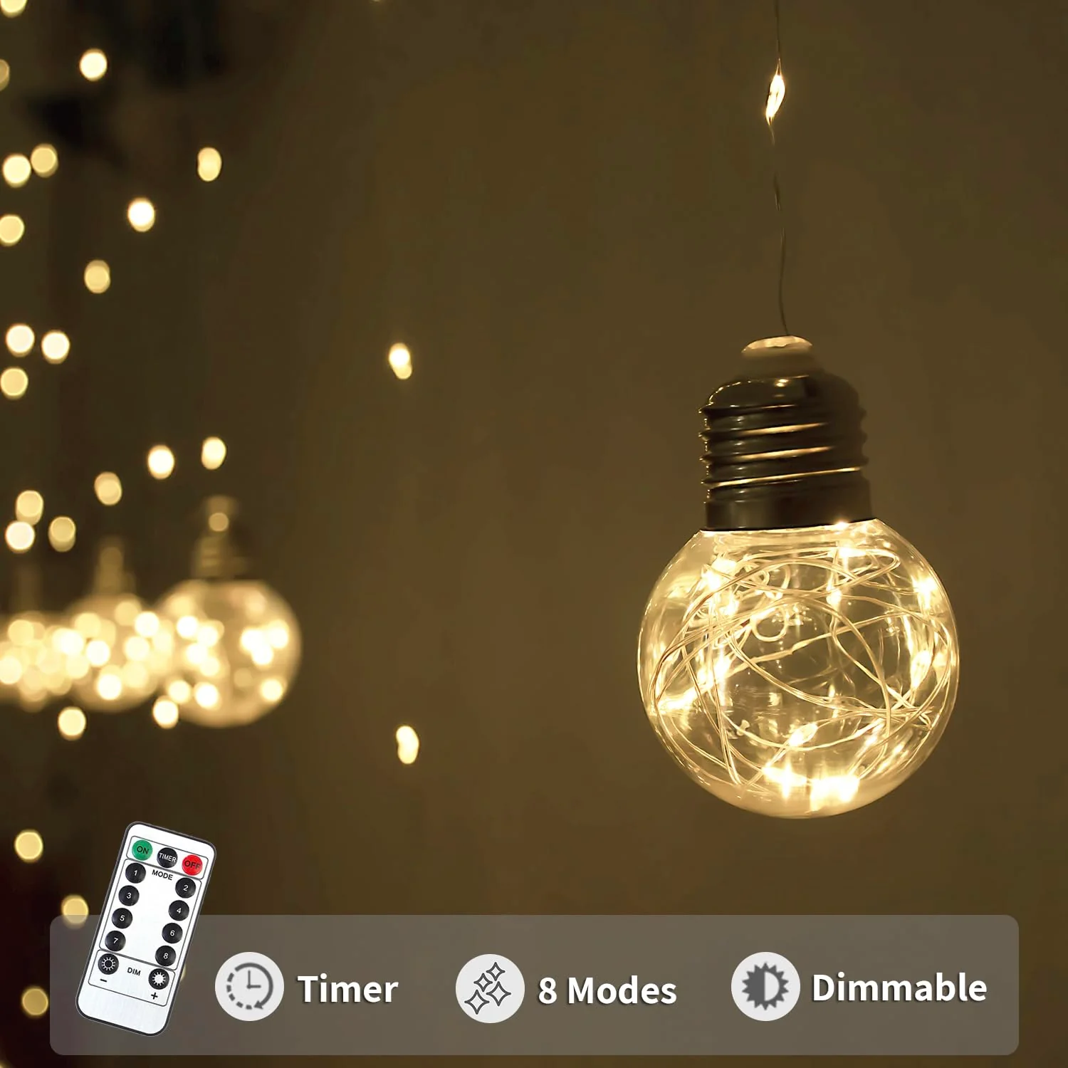 YOLIGHT Wishing Ball Curtain Lights 200 LED Window Curtain String Lights with Remote, USB Battery Powered Twinkle Globe Fairy Lights for Wedding Party Bedroom Christmas Decoration (Warm White) - Image 8