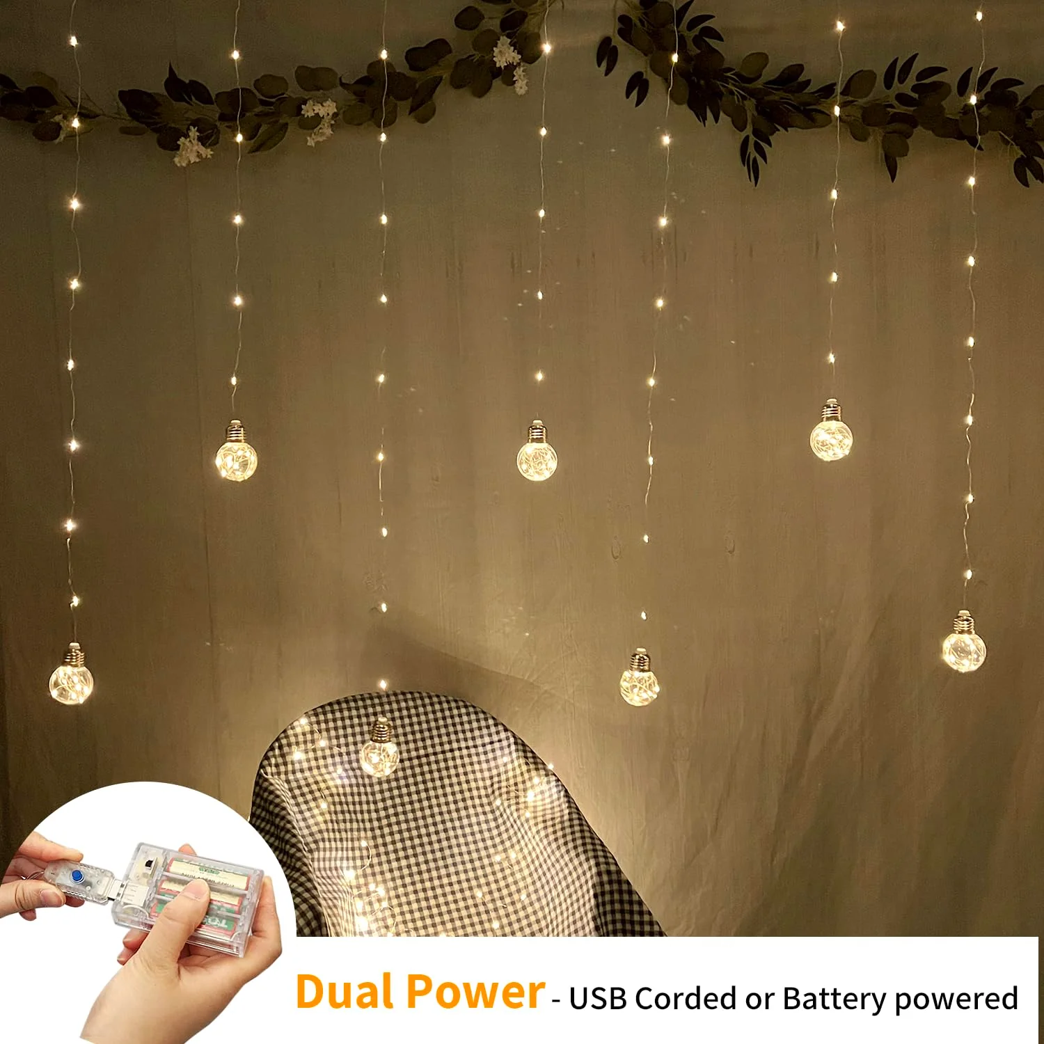 YOLIGHT Wishing Ball Curtain Lights 200 LED Window Curtain String Lights with Remote, USB Battery Powered Twinkle Globe Fairy Lights for Wedding Party Bedroom Christmas Decoration (Warm White) - Image 9