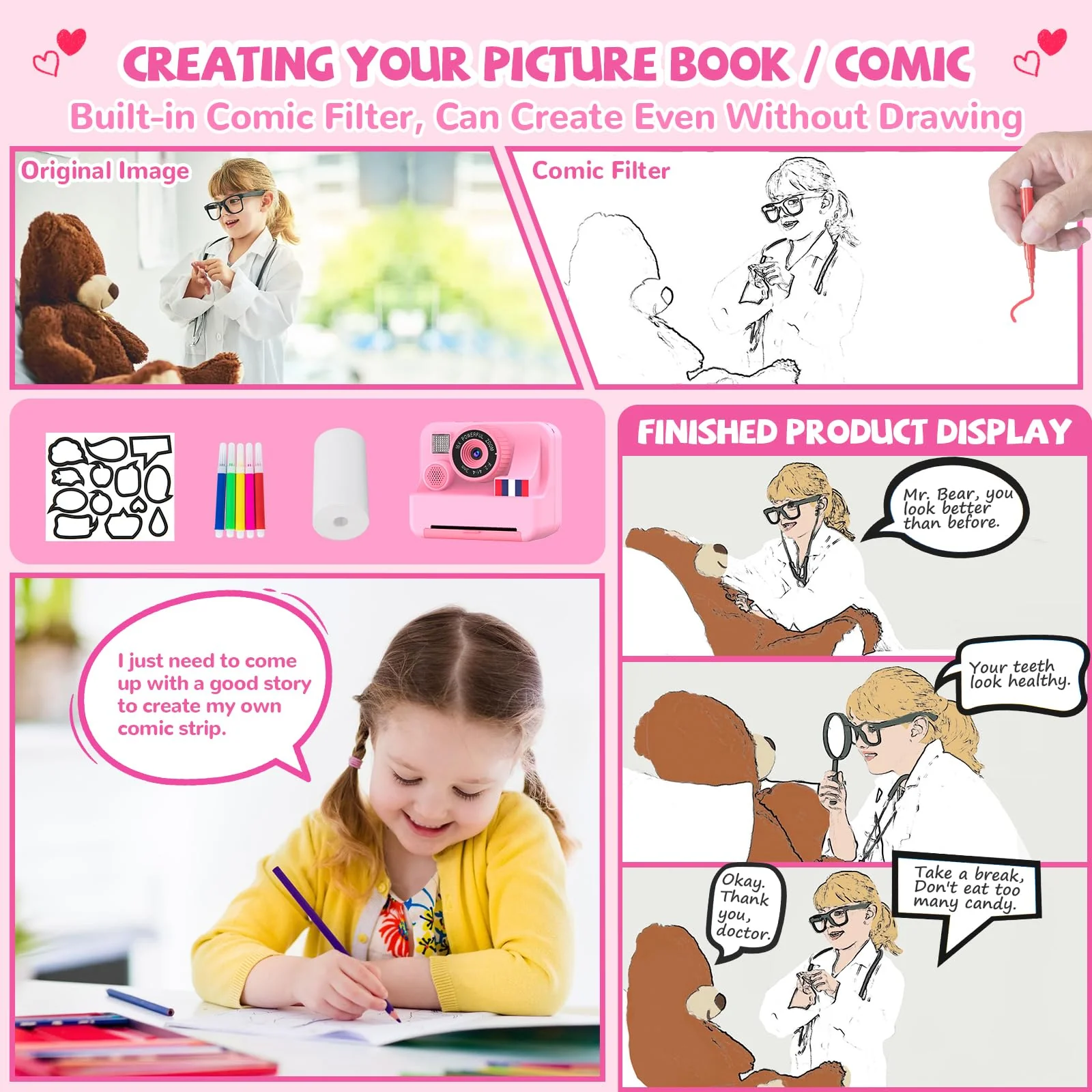 Yosfeng Instant Print Camera for Kids - Christmas Birthday Girls Gifts for Age 3 4 5 6 7 8 9 10 Year Old, 2.4 Inch Screen Kids Instant Camera, Kid Digital Video Cameras Toys with 32 GB SD Card - Image 4