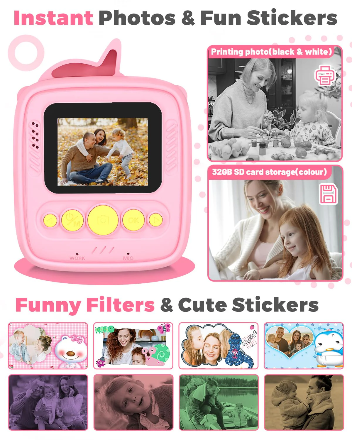YTETCN Instant Print Camera for Kids 3-12 Years - Kids Camera with 32G SD Card & 3 Rolls Paper, 48MP Photo & 1080P Video, Christmas Birthday Gifts for Toddler Girls Boys - Image 5