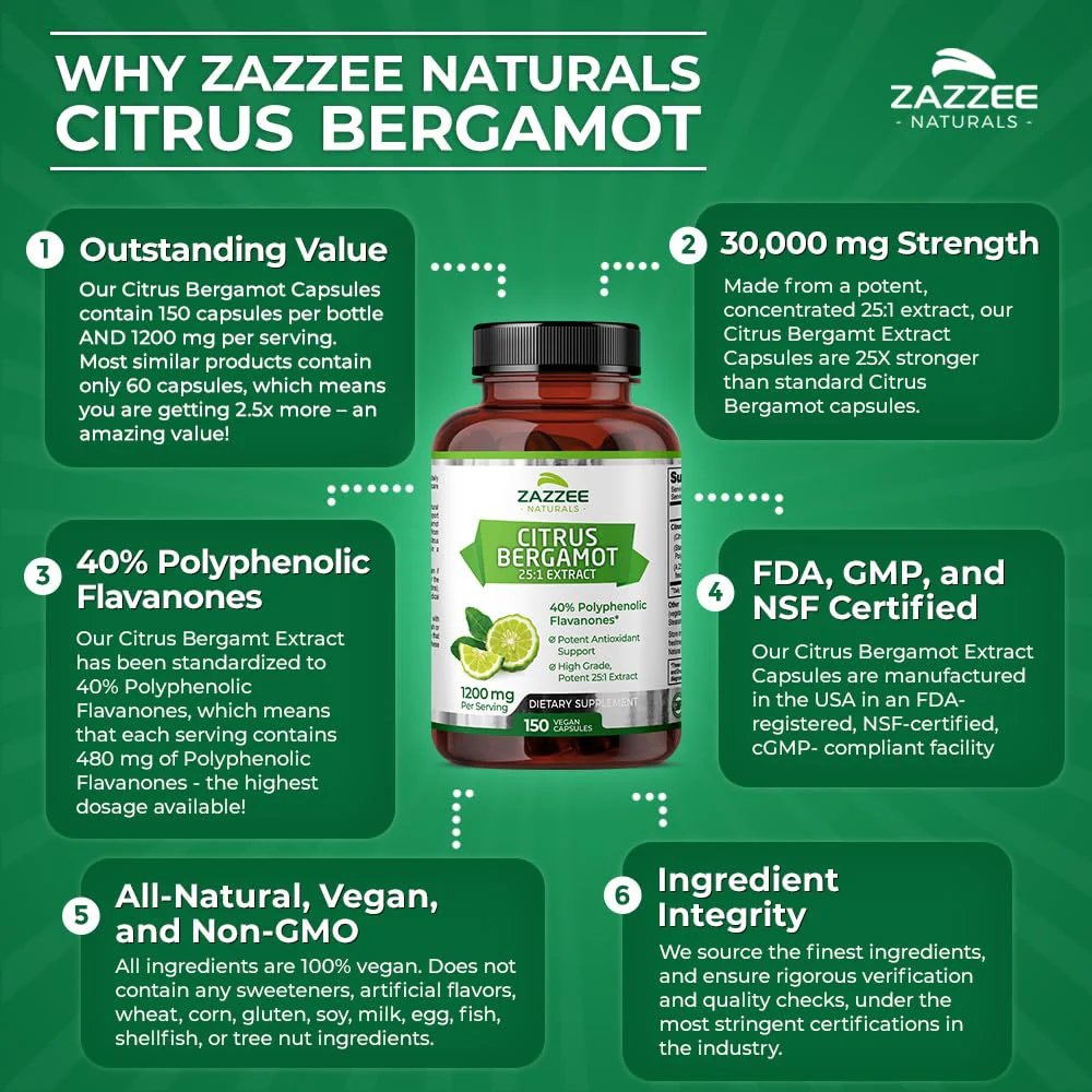 Zazzee Extra Strength Citrus Bergamot 25:1 Extract, 1200 mg per, 40% Polyphenolic Flavanones, 150 Vegan Capsules, Concentrated and Standardized 25X Potency, Non-GMO and All-Natural, Made in The USA - Image 5