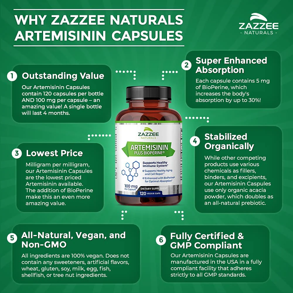 Zazzee High Absorption Artemisinin, 100 mg per Capsule, 120 Vegan Capsules, with 5 mg BioPerine for Maximum Absorption, Sweet Wormwood Extract, 4 Month Supply, All-Natural and Non-GMO - Image 4