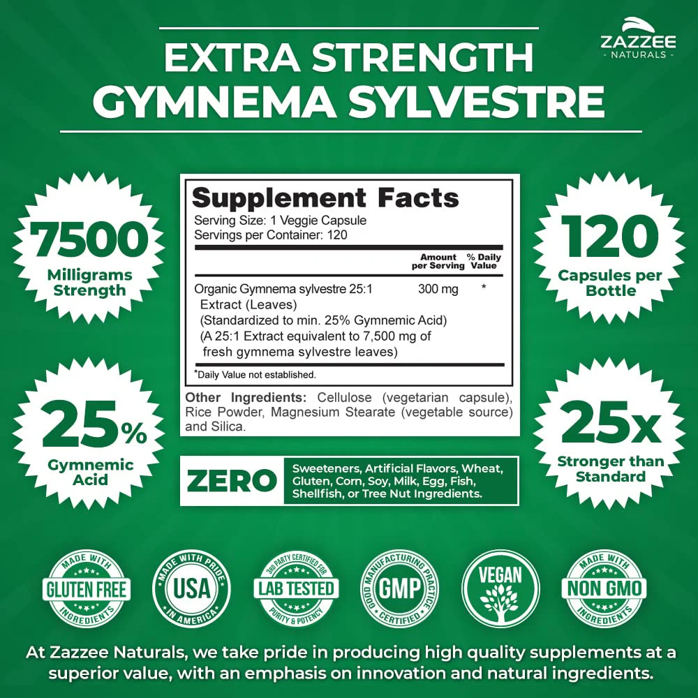 Zazzee Organic Gymnema Sylvestre 25:1 Extract, 7500 mg Strength, 25% Gymnemic Acid, 120 Vegan Capsules, 4 Month Supply, Standardized and Concentrated 25X Extract, All-Natural and Non-GMO - Image 8