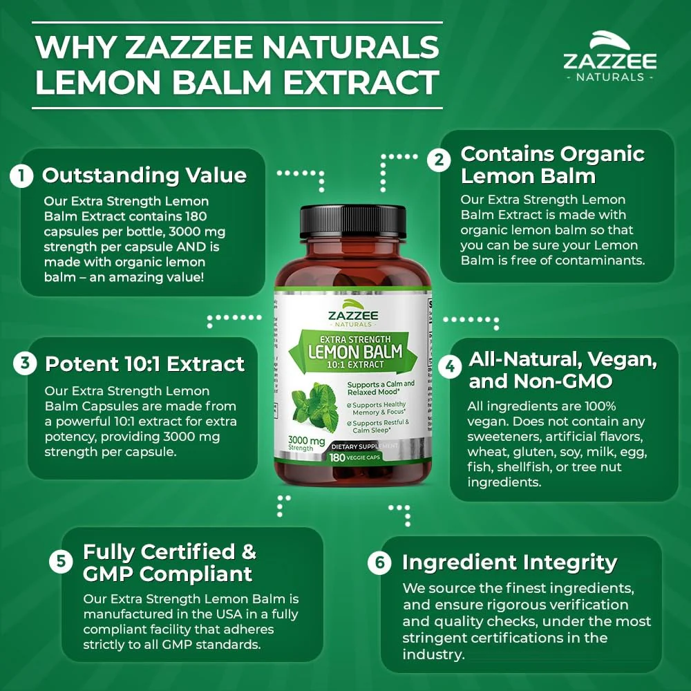 Zazzee Organic Lemon Balm 10:1 Extract, 3000 mg Strength per Capsule, 180 Vegan Capsules, 6 Month Supply, Standardized and Concentrated 10X Extract, 100% Vegetarian, All-Natural and Non-GMO - Image 6