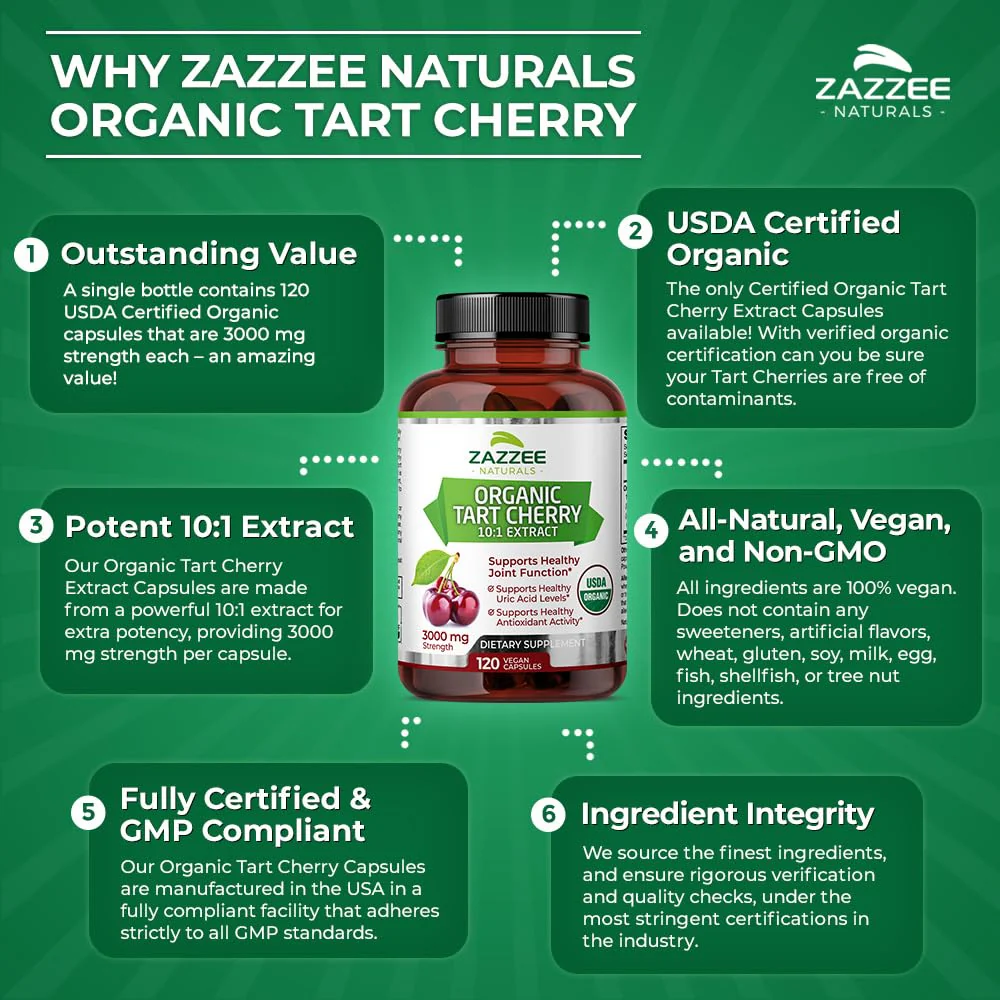 Zazzee USDA Organic Tart Cherry 10:1 Extract, 3000 mg Strength, 120 Vegan Capsules, 4 Month Supply, Standardized, Concentrated 10X Extract, 100% Vegetarian, Certified Organic, All-Natural and Non-GMO - Image 5