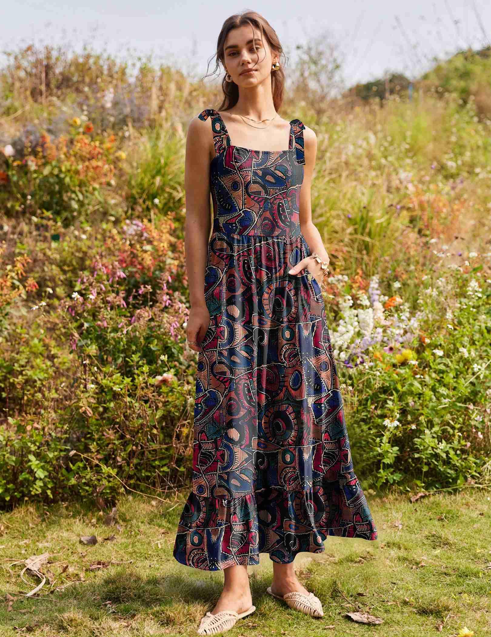 Zeagoo Summer Dress for Women Floral Spaghetti Strap Maxi Dress Casual Tiered Dresses for Women Flowy Dress Vacation Dress with Pockets M - Image 5