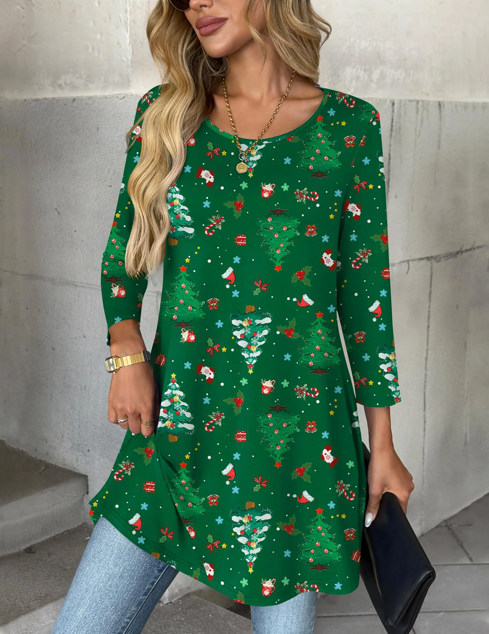 Zeagoo Women Tunic Tops 3/4 Sleeve Merry Christmas T Shirts Gift Blouse Tee Tops Plus Size Blouses to Wear with Leggings Swing Flare T-Shirt Loose - Image 2