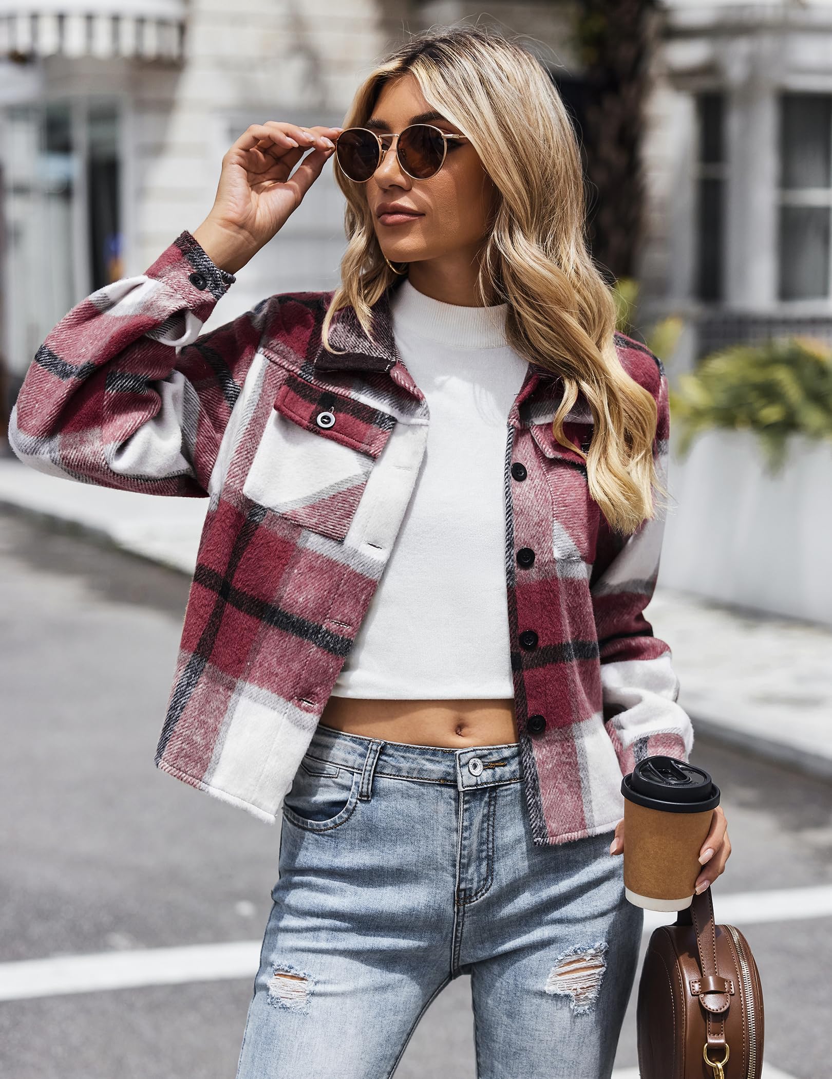 Zeagoo Women's Fashion Cropped Shacket Jacket Wool Blend Plaid Button Down Shirt Fall Christmas Jackets Coat - Image 3