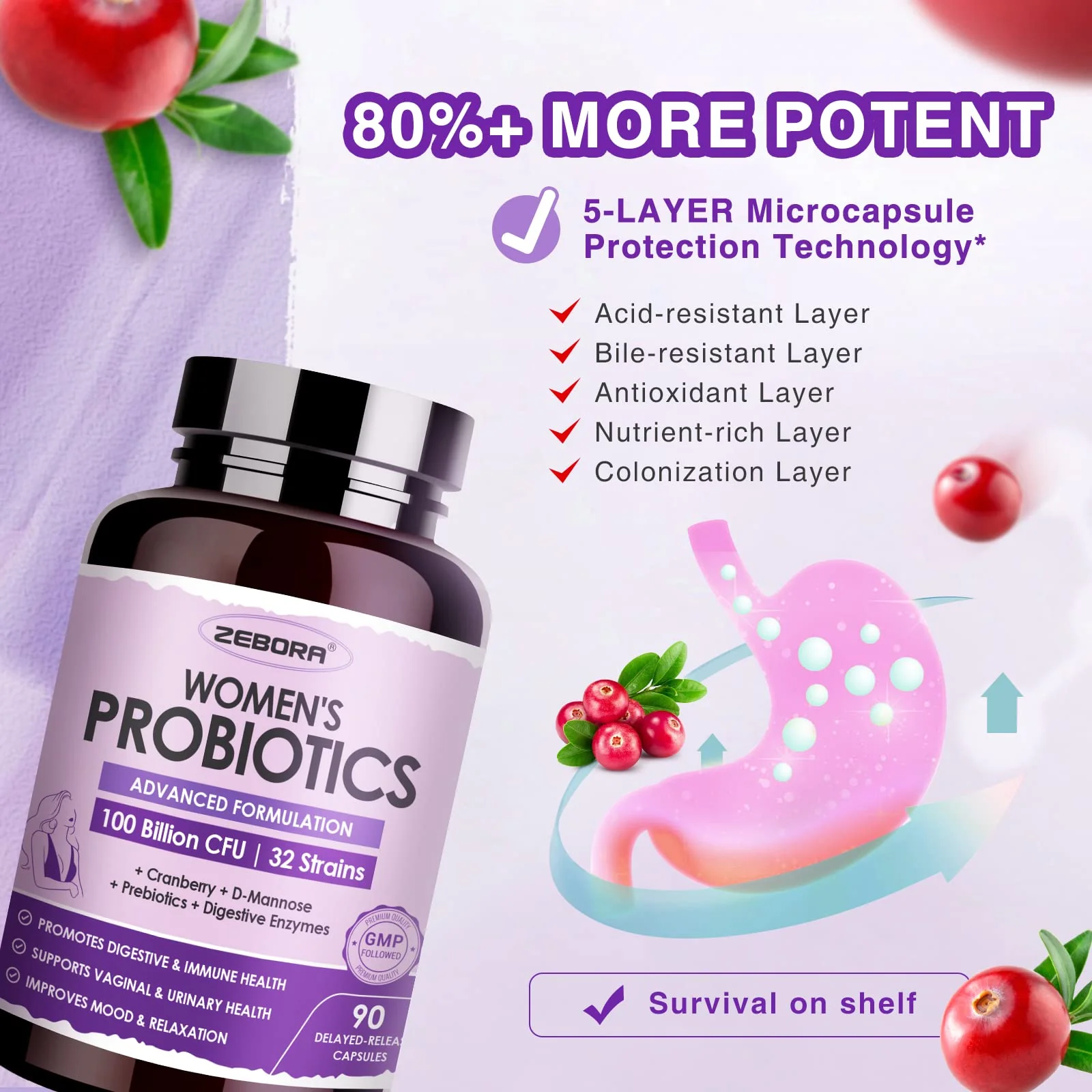 ZEBORA Probiotics for Women Digestive Health with Enzymes & Prebiotics 100 Billion CFUs| Vaginal Probiotics with D Mannose & Cranberry | Urinary Tract Health | Immune Support, 90 Capsules - Image 5