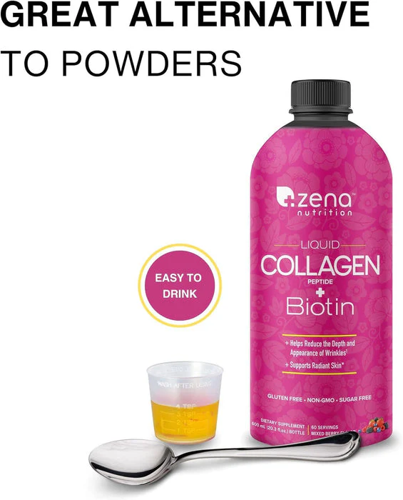 Zena Liquid Collagen Peptides + 5000mcg Biotin for Women & Men - Promotes Hair, Nails, Skin - Type 1 & 3-2500mg Collagen, 60 Servings 20.3 Fl Oz - Image 2