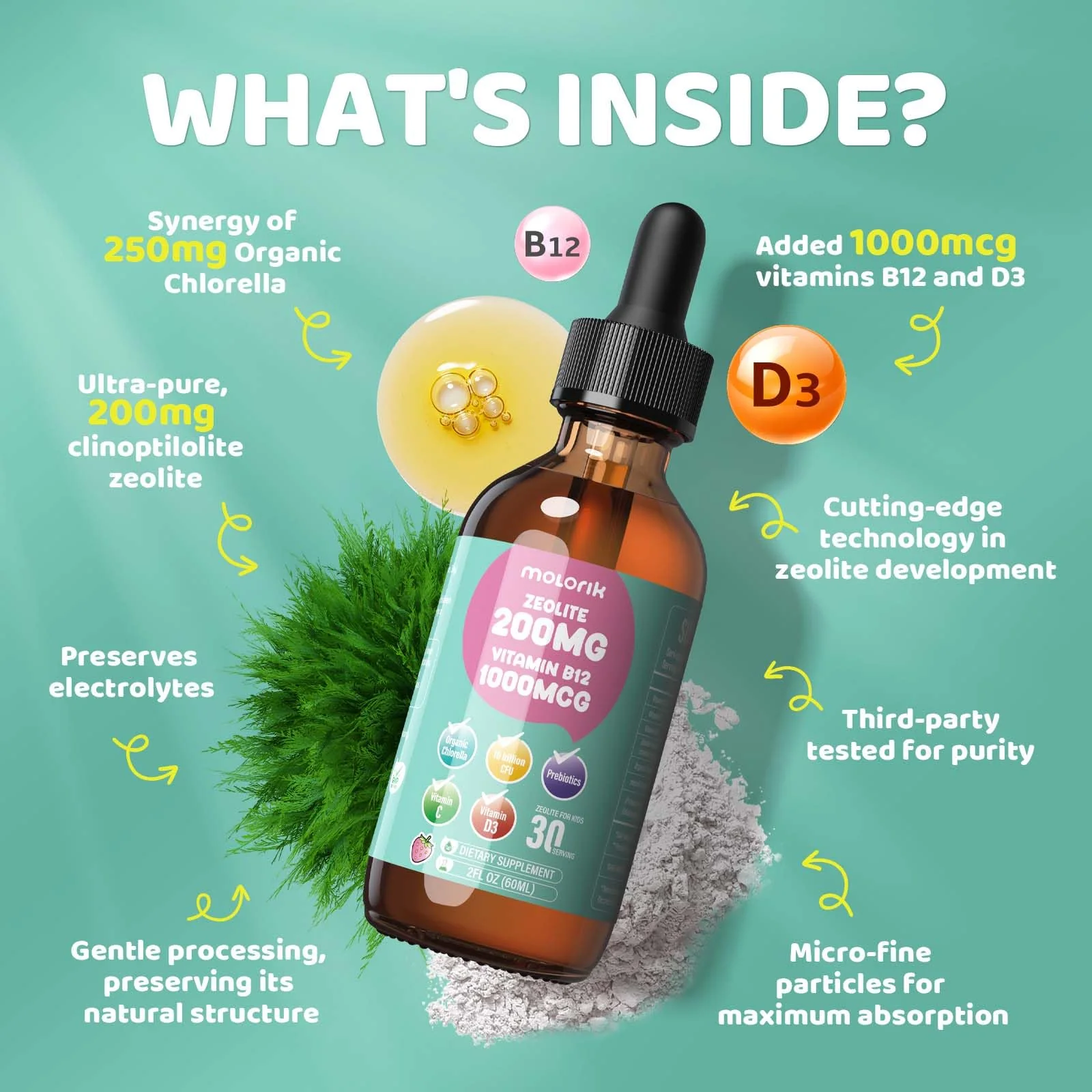 Zeolite Detox for Kids, 200mg Zeolite Liquid Drops with 1000mcg Vitamin B12, 250mg Organic Chlorella, 10 Billion CFU and Prebiotics for Gut Support & Speech, Immune, Bone, Energy, Strawberry, 60ML - Image 5