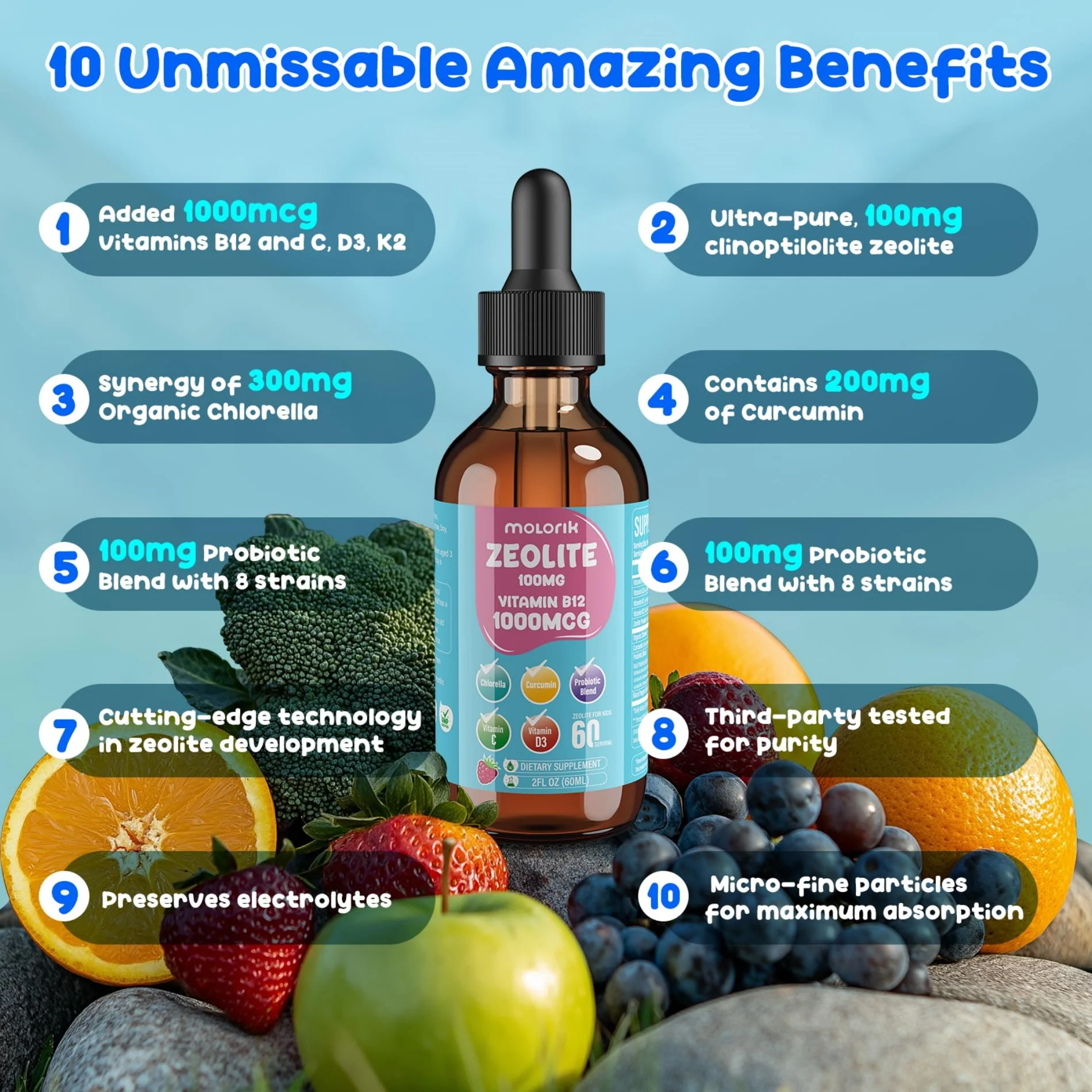 Zeolite Detox for Kids & Adults, Zeolite Liquid Drops with 300mg Chlorella, 200mg Curcumin, Multivitamin and Probiotic for Speech & Brain Health, Immune, Digestive, Energy, Berry Flavor, 60 Servings - Image 5