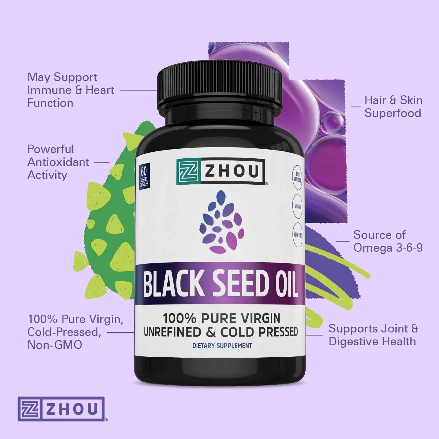 ZHOU Black Seed Oil Capsules - Black Cumin Seed Oil Cold Pressed, Nigella Sativa, Pure Unrefined Blackseed, Premium Supplement for Health, Hair & Skin w/Thymoquinone - 60 Capsules (Pack of 1) - Image 4