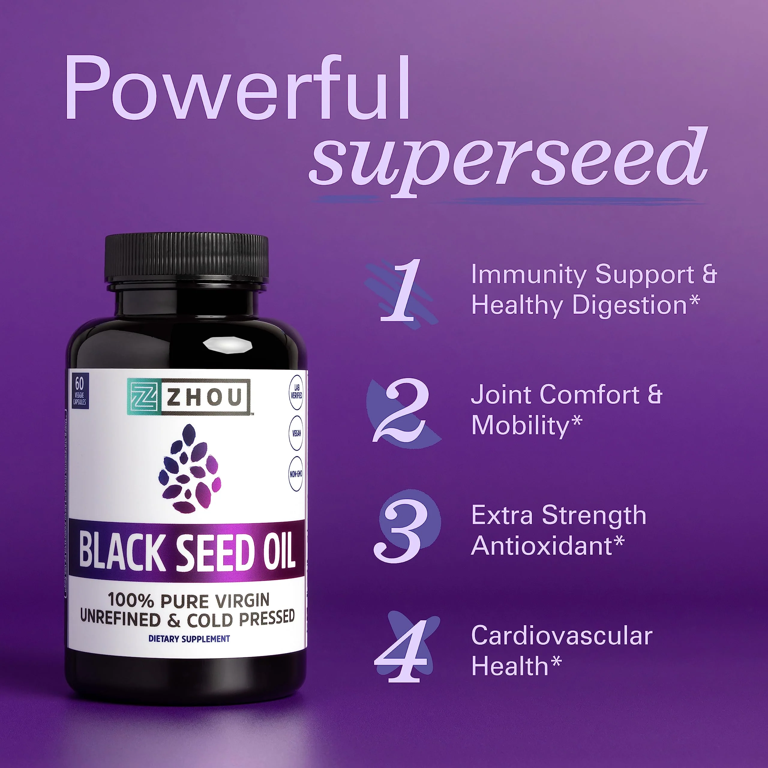 ZHOU Black Seed Oil Capsules - Black Cumin Seed Oil Cold Pressed, Nigella Sativa, Pure Unrefined Blackseed, Premium Supplement for Health, Hair & Skin w/Thymoquinone - 60 Capsules (Pack of 1) - Image 5