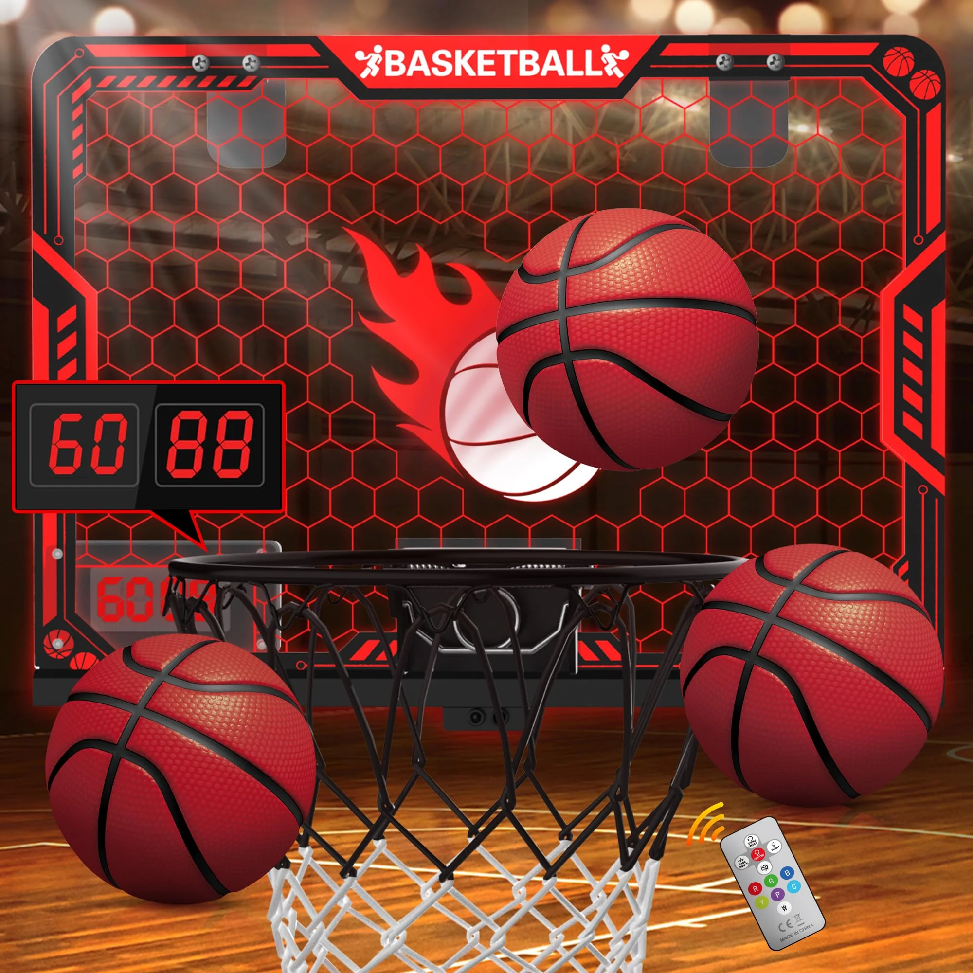 ZIZZ Indoor Basketball Hoop for Kids: Over The Door Basketball Hoop with LED Light & Scoreboard Mini Basketball Hoops with 3 Balls Christmas Birthday Toys Gifts for 5 6 7 8 9 10 11 Year Old Boys Girls - Image 2
