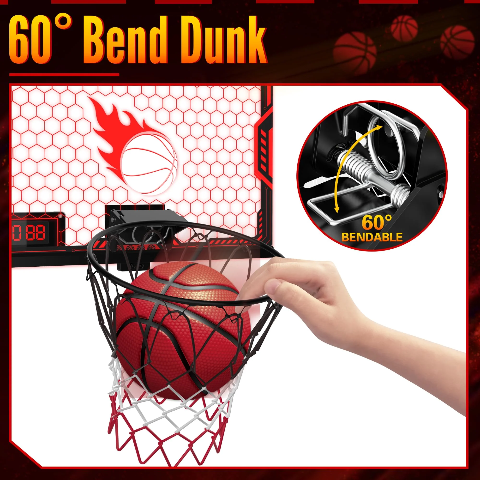 ZIZZ Indoor Basketball Hoop for Kids: Over The Door Basketball Hoop with LED Light & Scoreboard Mini Basketball Hoops with 3 Balls Christmas Birthday Toys Gifts for 5 6 7 8 9 10 11 Year Old Boys Girls - Image 3