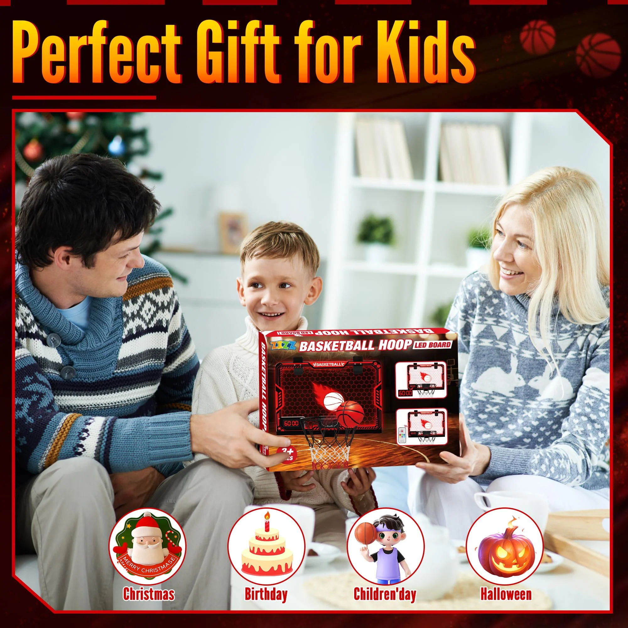 ZIZZ Indoor Basketball Hoop for Kids: Over The Door Basketball Hoop with LED Light & Scoreboard Mini Basketball Hoops with 3 Balls Christmas Birthday Toys Gifts for 5 6 7 8 9 10 11 Year Old Boys Girls - Image 4