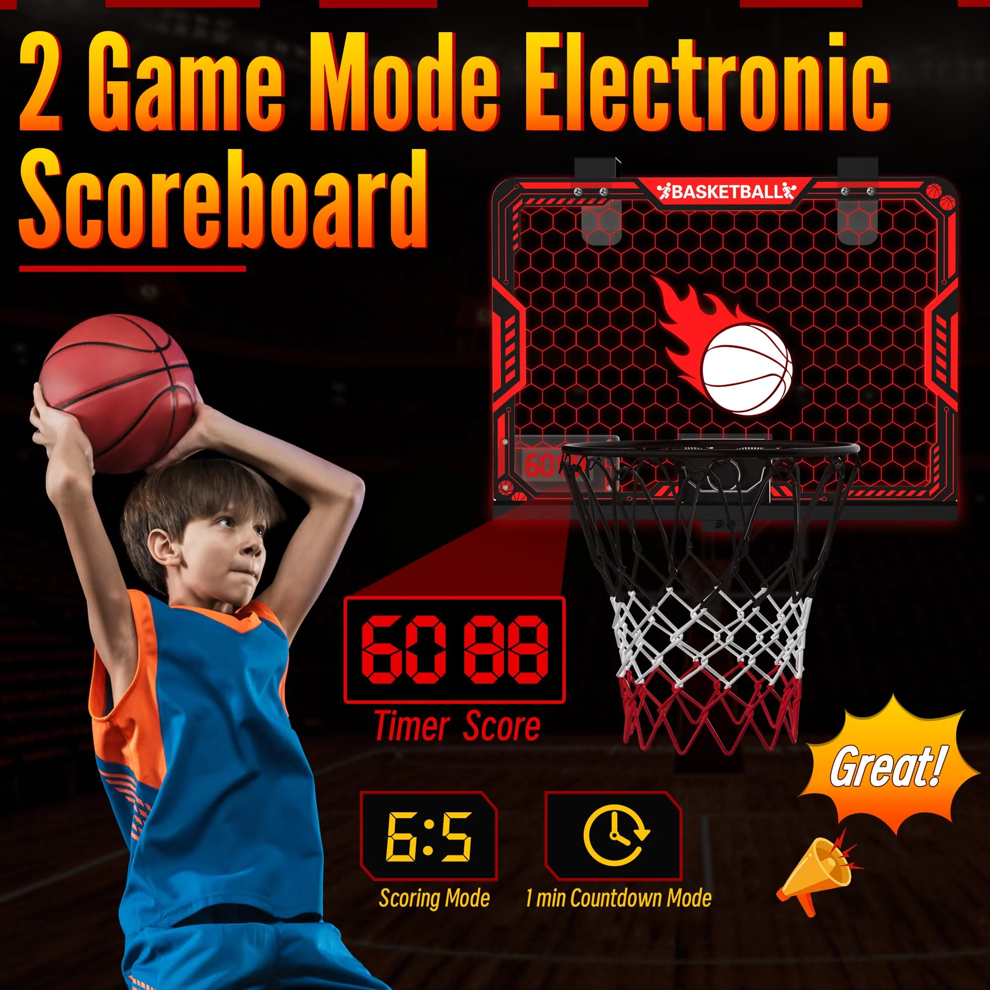 ZIZZ Indoor Basketball Hoop for Kids: Over The Door Basketball Hoop with LED Light & Scoreboard Mini Basketball Hoops with 3 Balls Christmas Birthday Toys Gifts for 5 6 7 8 9 10 11 Year Old Boys Girls - Image 7