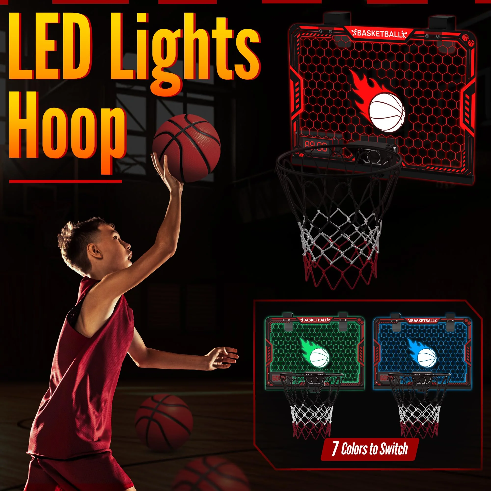 ZIZZ Indoor Basketball Hoop for Kids: Over The Door Basketball Hoop with LED Light & Scoreboard Mini Basketball Hoops with 3 Balls Christmas Birthday Toys Gifts for 5 6 7 8 9 10 11 Year Old Boys Girls - Image 8