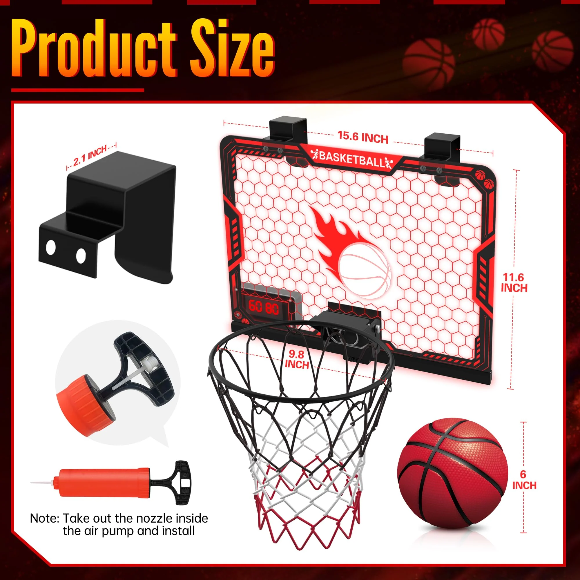 ZIZZ Indoor Basketball Hoop for Kids: Over The Door Basketball Hoop with LED Light & Scoreboard Mini Basketball Hoops with 3 Balls Christmas Birthday Toys Gifts for 5 6 7 8 9 10 11 Year Old Boys Girls - Image 9