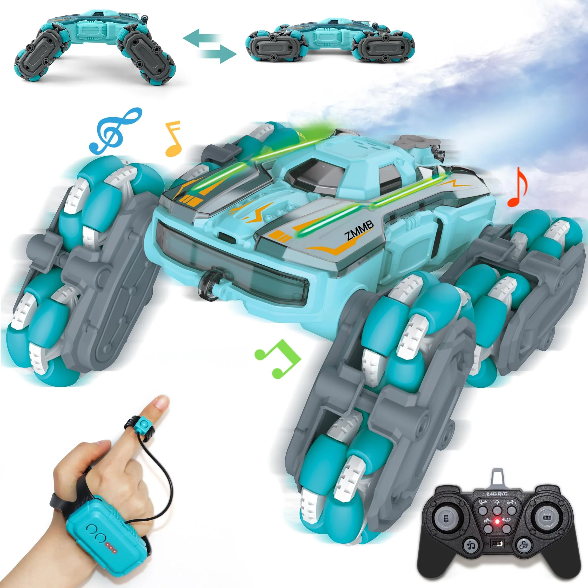 ZMMB 8 Wheel RC Stunt Car with Gesture Control, Spray & LED Lights, Double-Sided Off-Road Vehicle for Boys & Girls Ages 6-14, Ideal Christmas & Birthday Gift