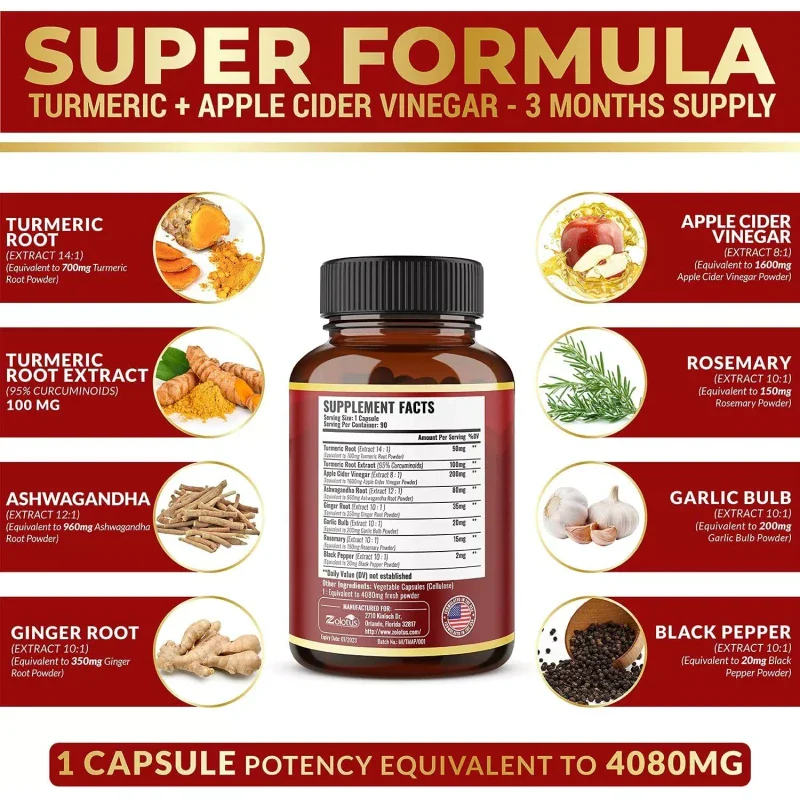 Zolotus Tumeric Curcumin Max Potency with Bioperine Black Pepper 4080mg 90 Capsules - Image 4