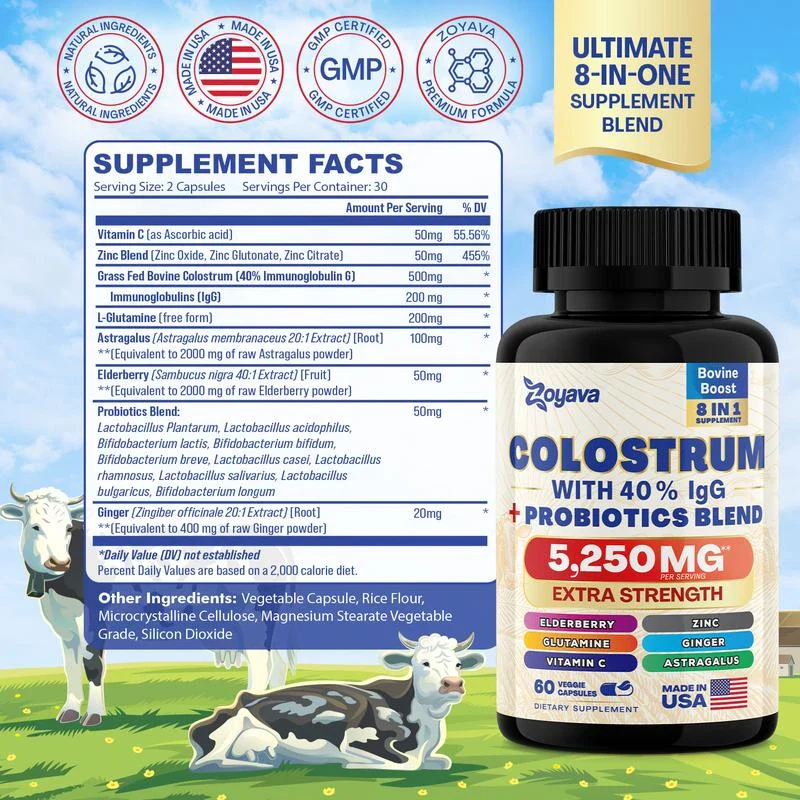 Zoyava Bovine Colostrum Supplement 5250 MG, Grass-Fed Cow Colostrum All-in-1 Capsules with 40% IgG & Probiotics - Highly Potent - Made in USA - Image 2