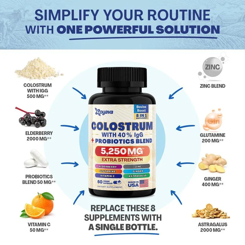 Zoyava Bovine Colostrum Supplement 5250 MG, Grass-Fed Cow Colostrum All-in-1 Capsules with 40% IgG & Probiotics - Highly Potent - Made in USA - Image 3